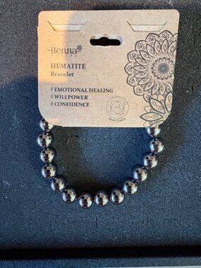 NWT Unisex Henna Genuine Hematite 10 mm Bead Stretch Bracelet